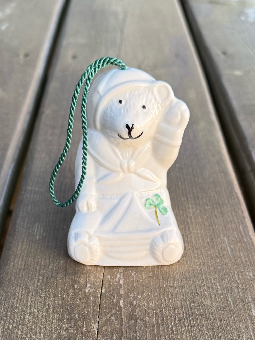 Belleek 2002 Shamrock Pattern Sailor Teddy Bear Hanging Ornament Bell